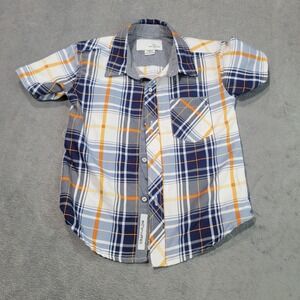 Craft + Flow Button Down Shirt Boys 3T Navy White Mustard Plaid Classic Short